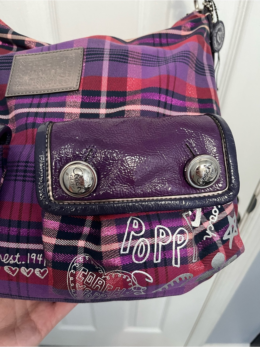 Coach Poppy Tartan Plaid Crossbody Hobo Purple Hangtags #16120 Silver Y2K - Picture 4 of 17